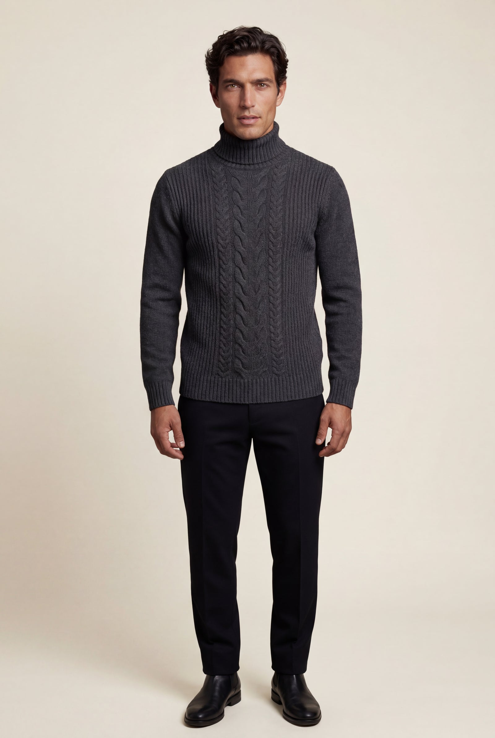 Dark Gray Men's Chunky Cable Turtleneck Sweater - Photo 9