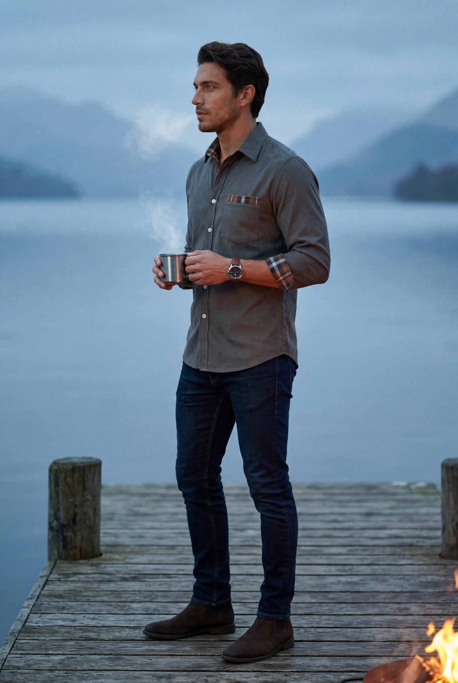 Dark Gray Men's Plaid Trim Button-Up Casual Shirt - Photo 10