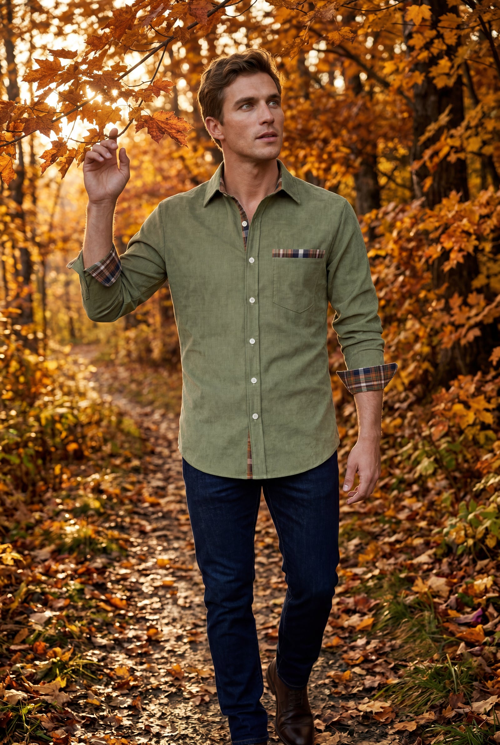 Green Men's Plaid Trim Button-Up Casual Shirt - Photo 15