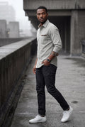 Light Gray Men's Plaid Trim Button-Up Casual Shirt - Photo 20
