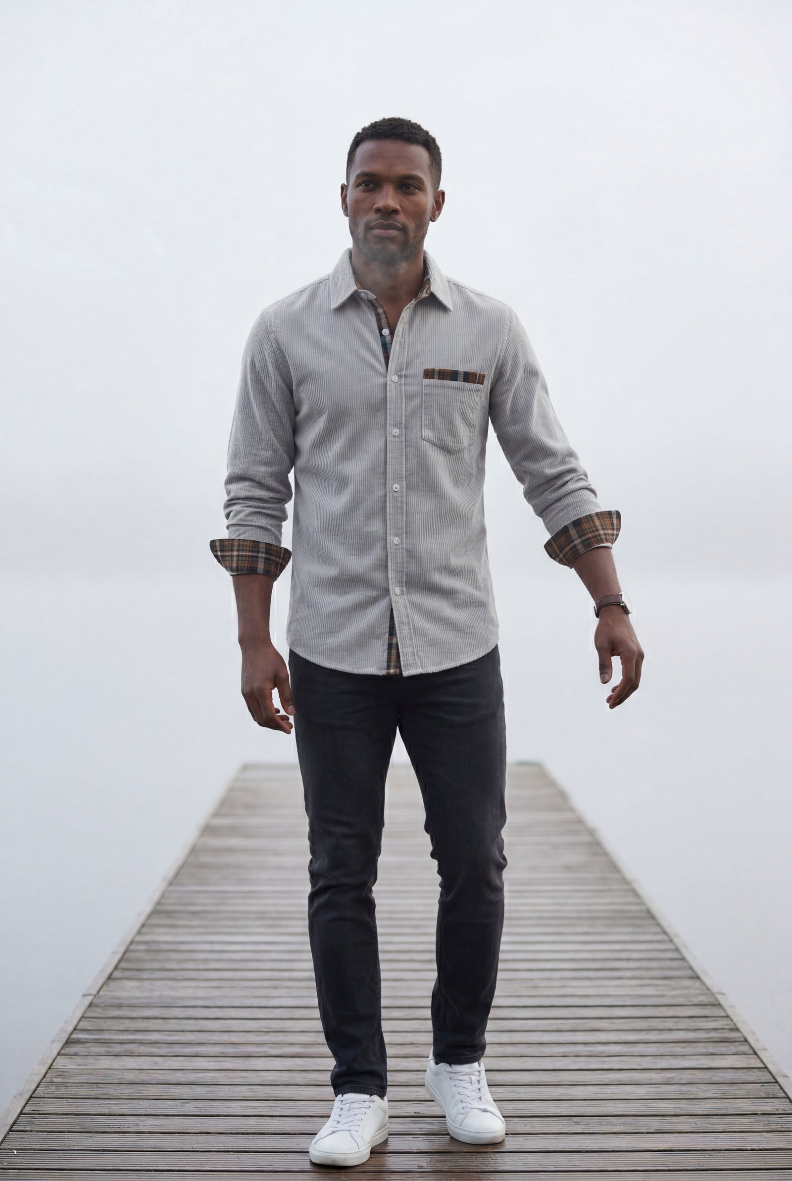 Light Gray Men's Plaid Trim Button-Up Casual Shirt - Photo 23