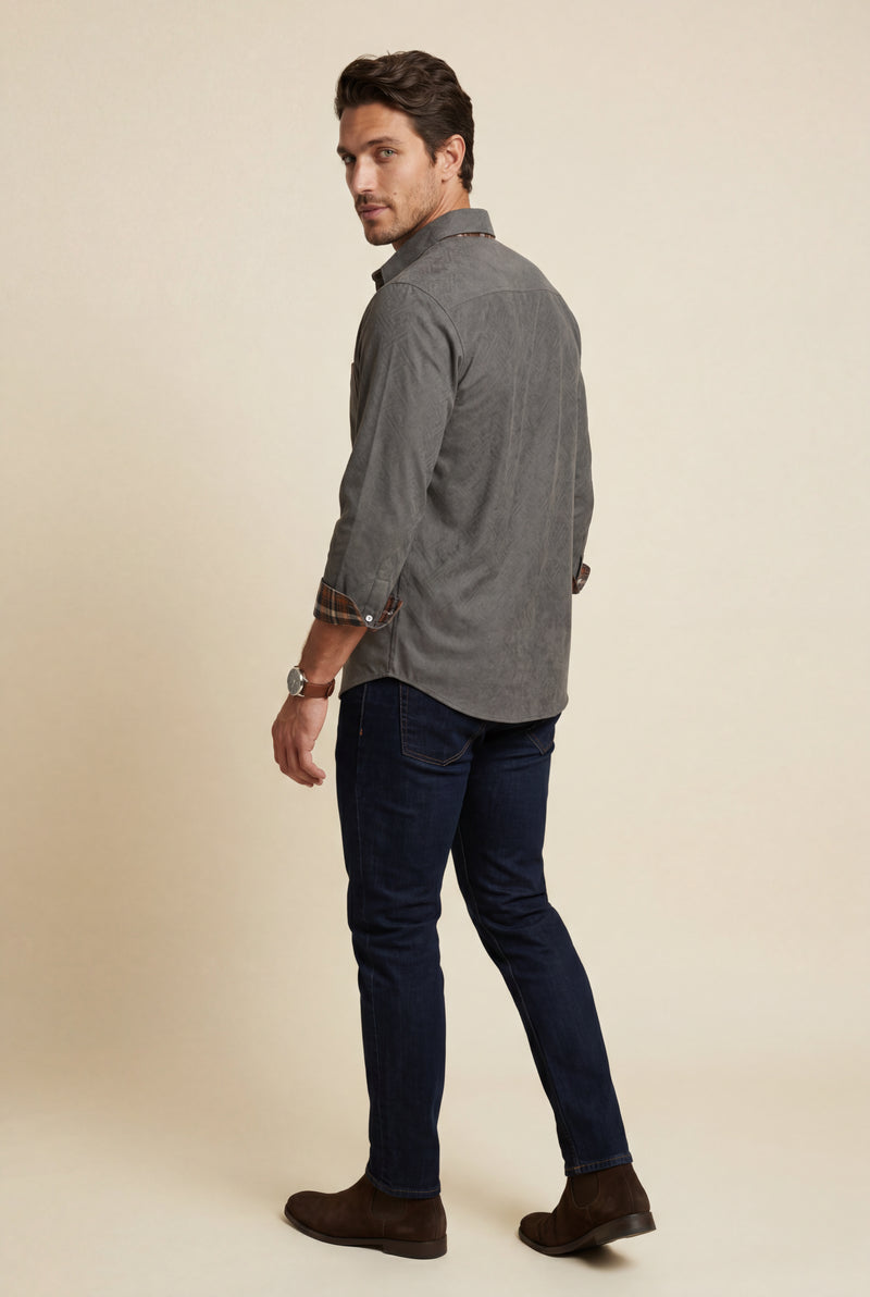 Dark Gray Men's Plaid Trim Button-Up Casual Shirt - Photo 3