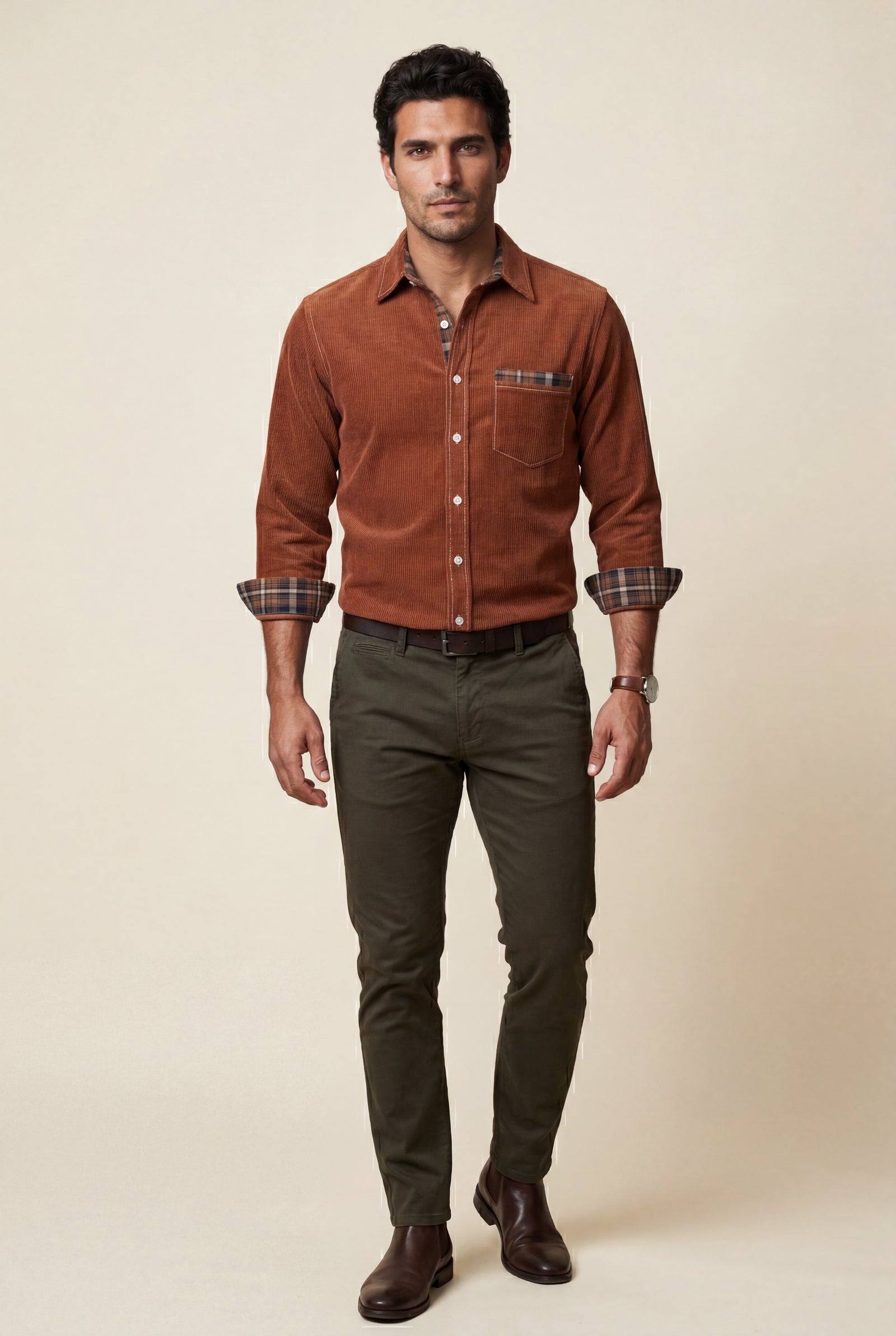 Burnt Orange Men's Plaid Trim Button-Up Casual Shirt - Photo 8