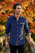 Navy Blue Men's Plaid Trim Button-Up Casual Shirt - Photo 9