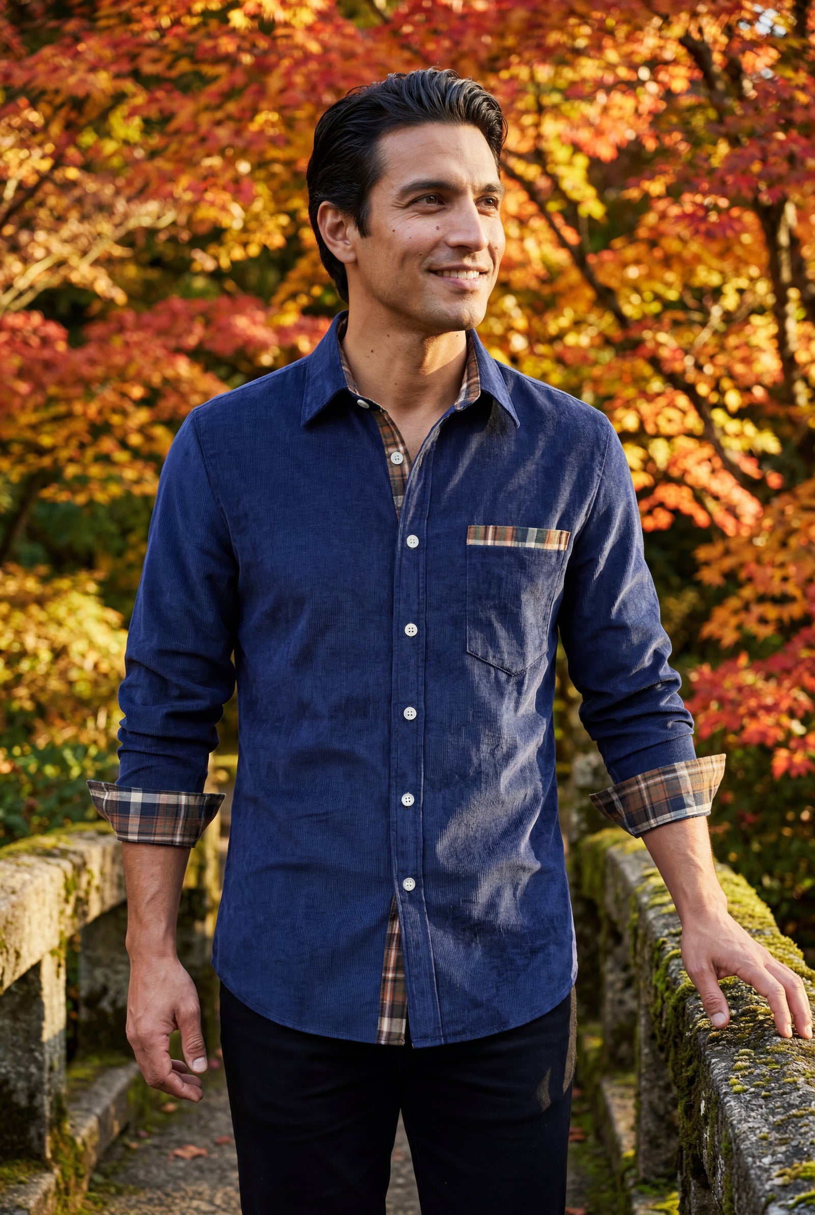 Navy Blue Men's Plaid Trim Button-Up Casual Shirt - Photo 9