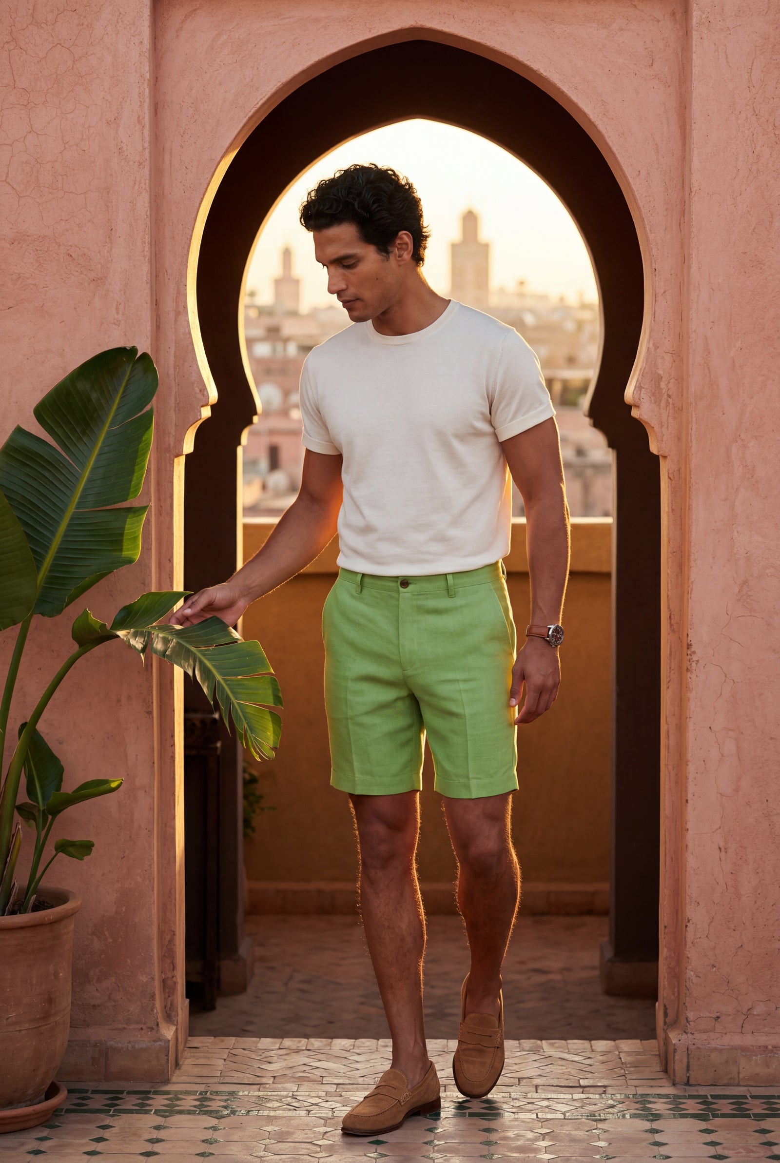 Light Green Men's Tailored Above-Knee Casual Shorts with Belt Loops - Photo 31
