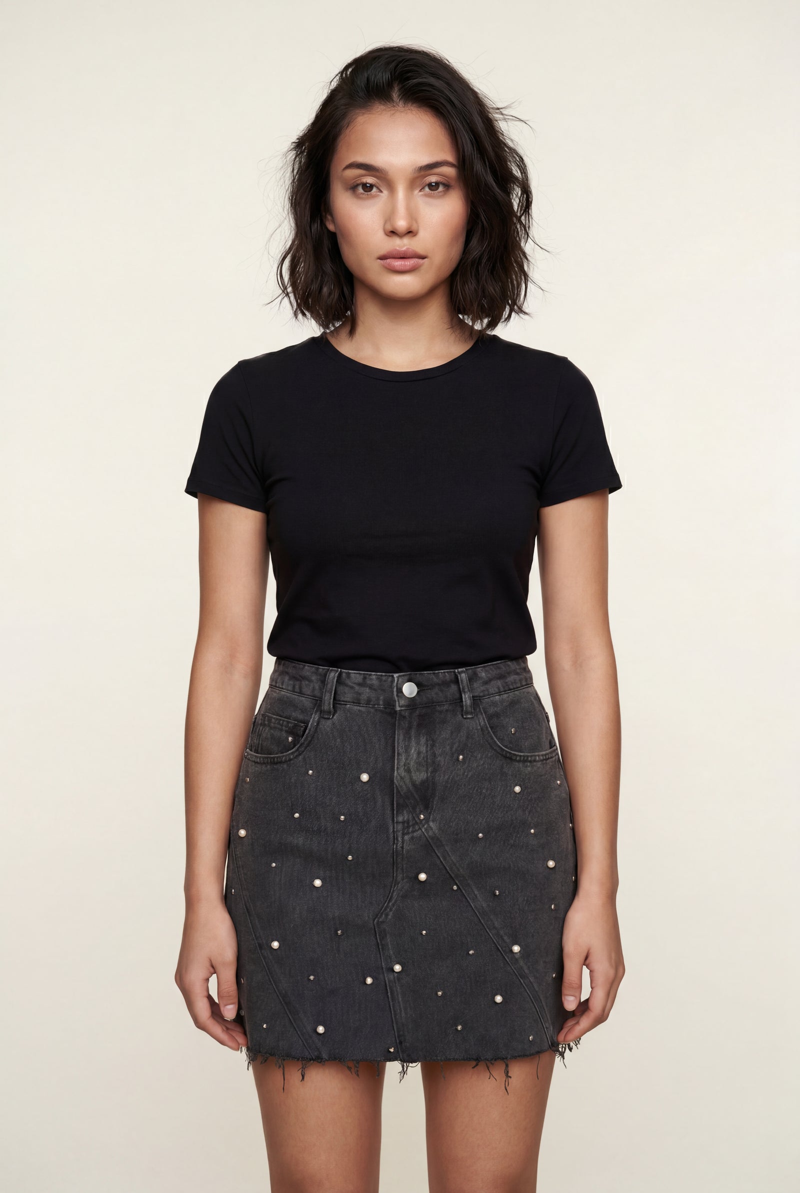 Dark Gray Pearl Embellished Washed Black Mini Skirt - Photo 2