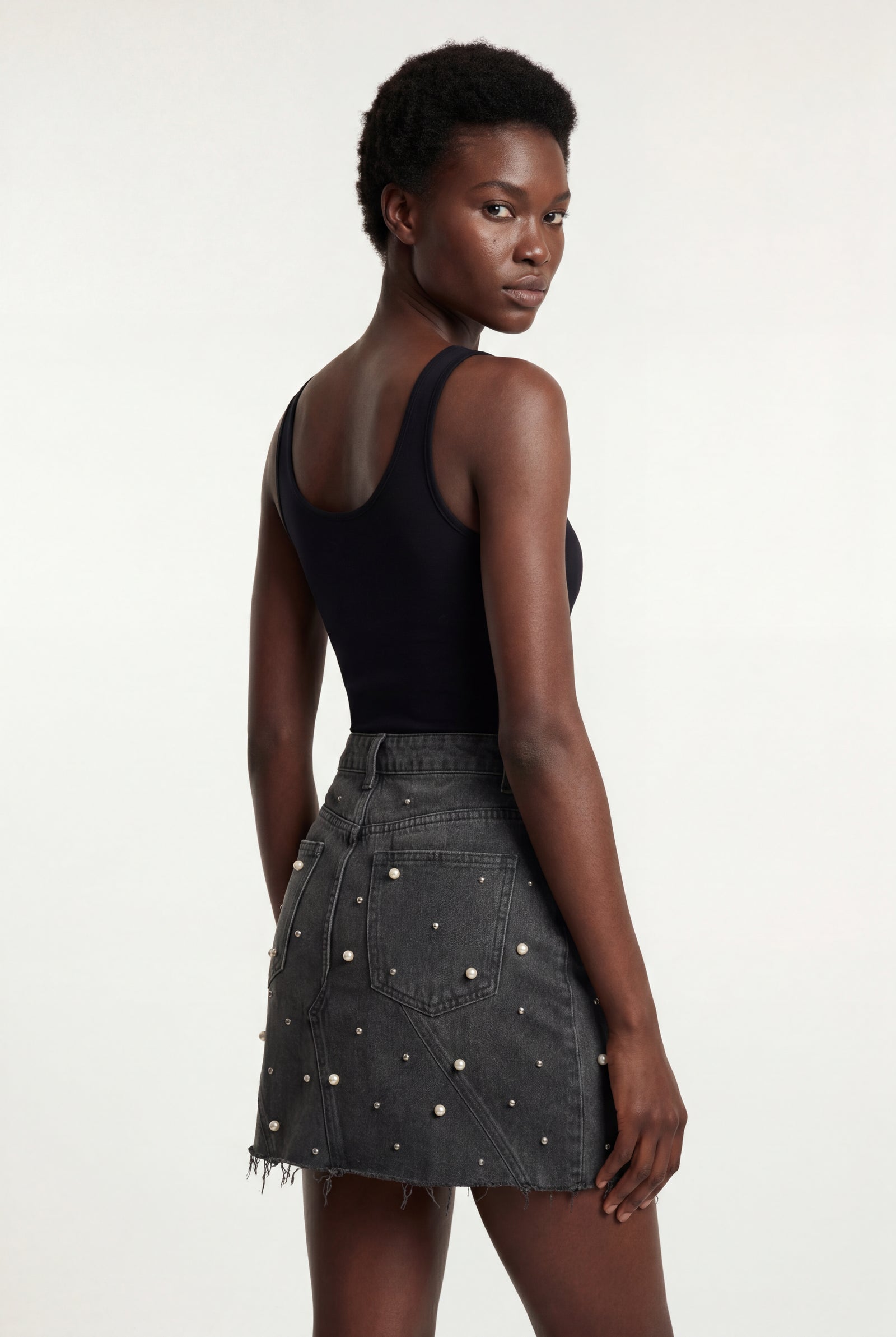 Dark Gray Pearl Embellished Washed Black Mini Skirt - Photo 3