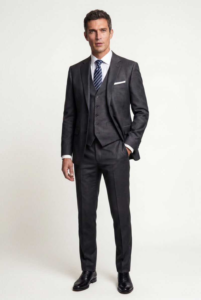 Dark Gray Slim Fit Three-piece Suit with Notch Lapel Vest - Photo 1