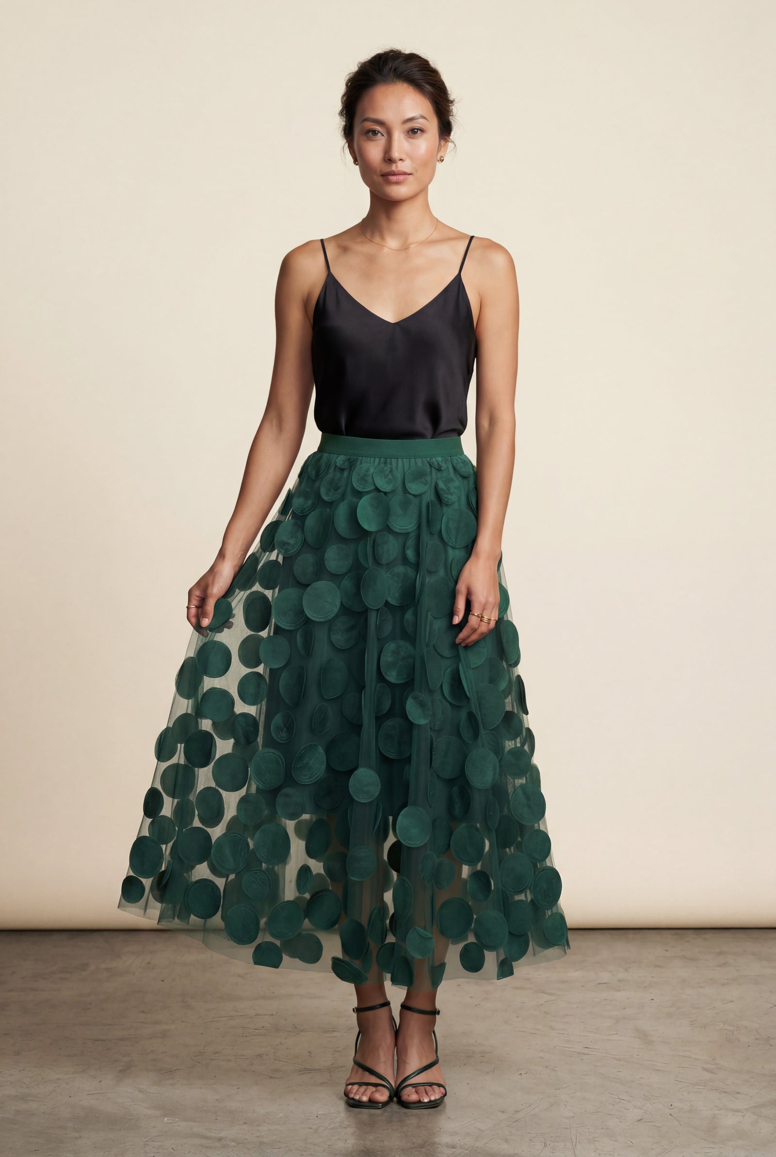 Dark Green 3d Polka Dot Applique A-line Midi Skirt - Tulle skirt - Photo 5
