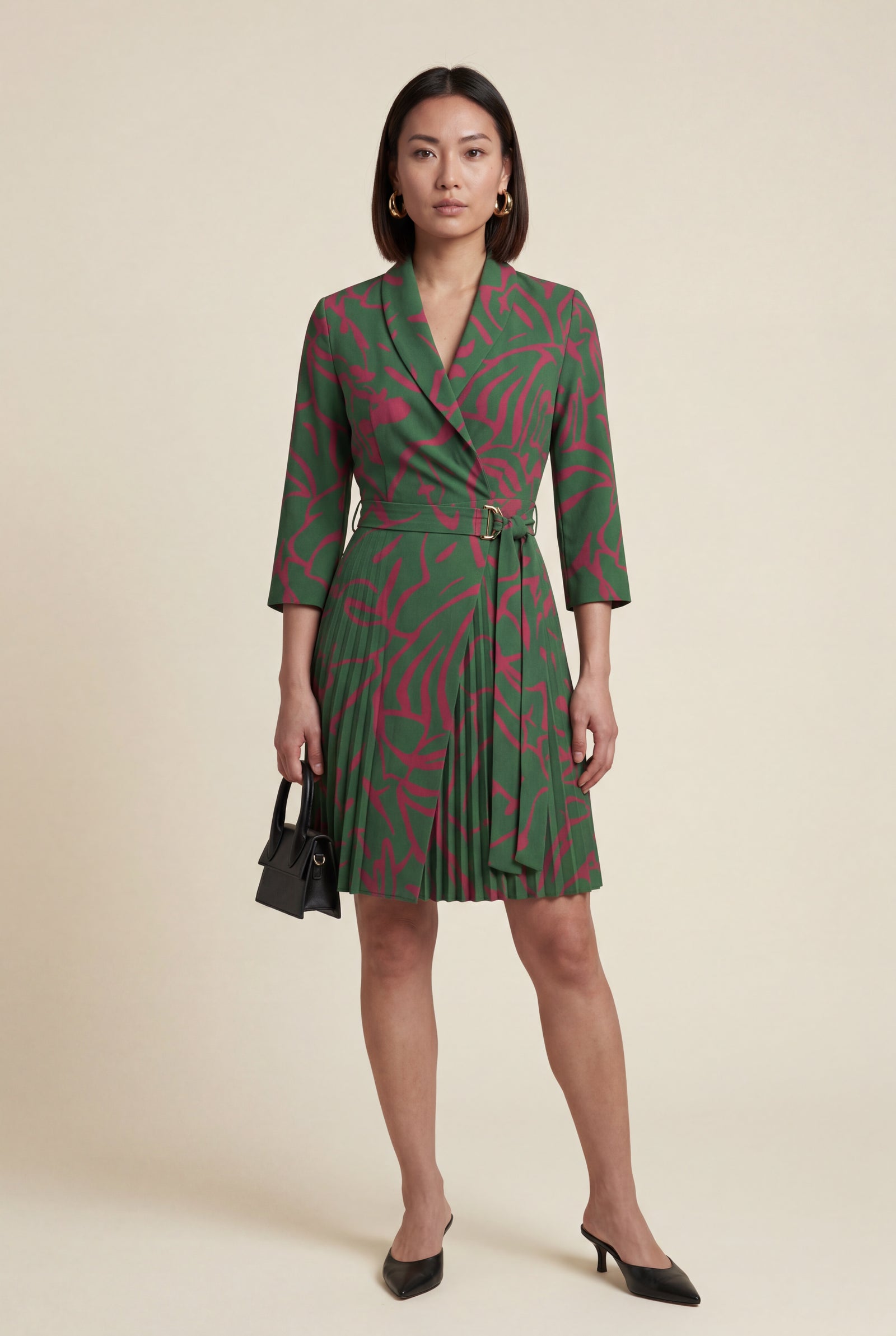 Dark Green Pleated Wrap Blazer Dress with Three-quarter Sleeves - Photo 3