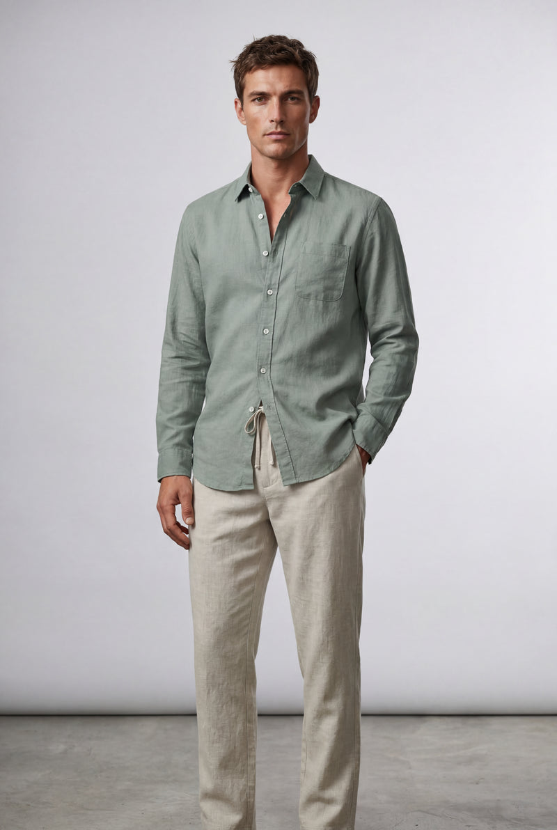 Dark Green Relaxed Long-sleeve Shirt and Drawstring Pants Set - Photo 3