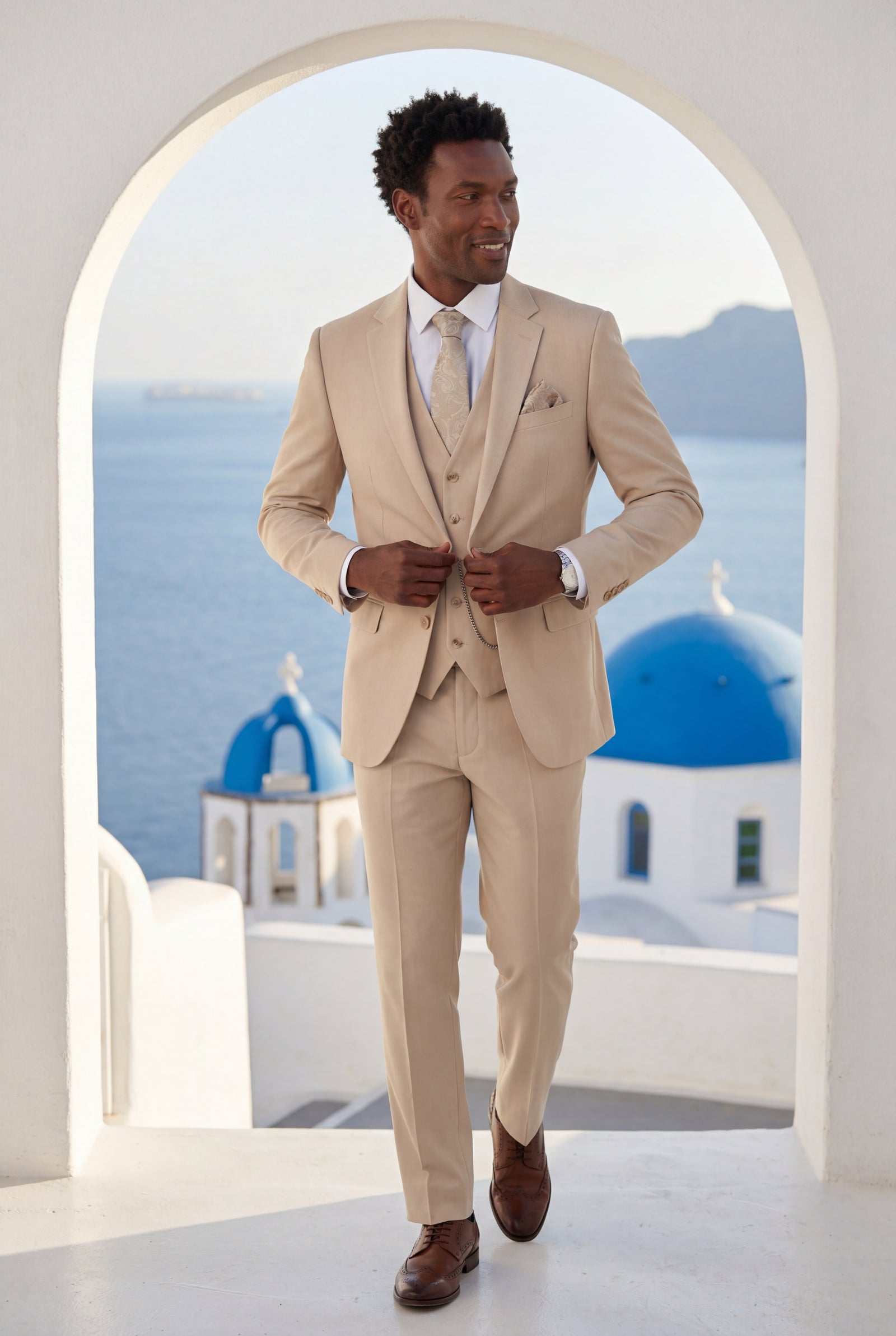 Beige Slim Fit Three-piece Tailored Formal Suit Set - Formal suits - Photo 8