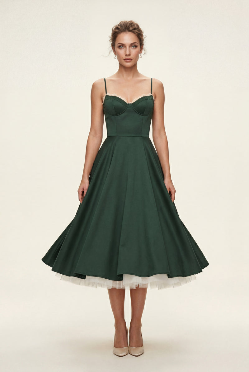 Dark Green Sweetheart Neckline Fit and Flare Midi Cocktail Dress - Photo 2