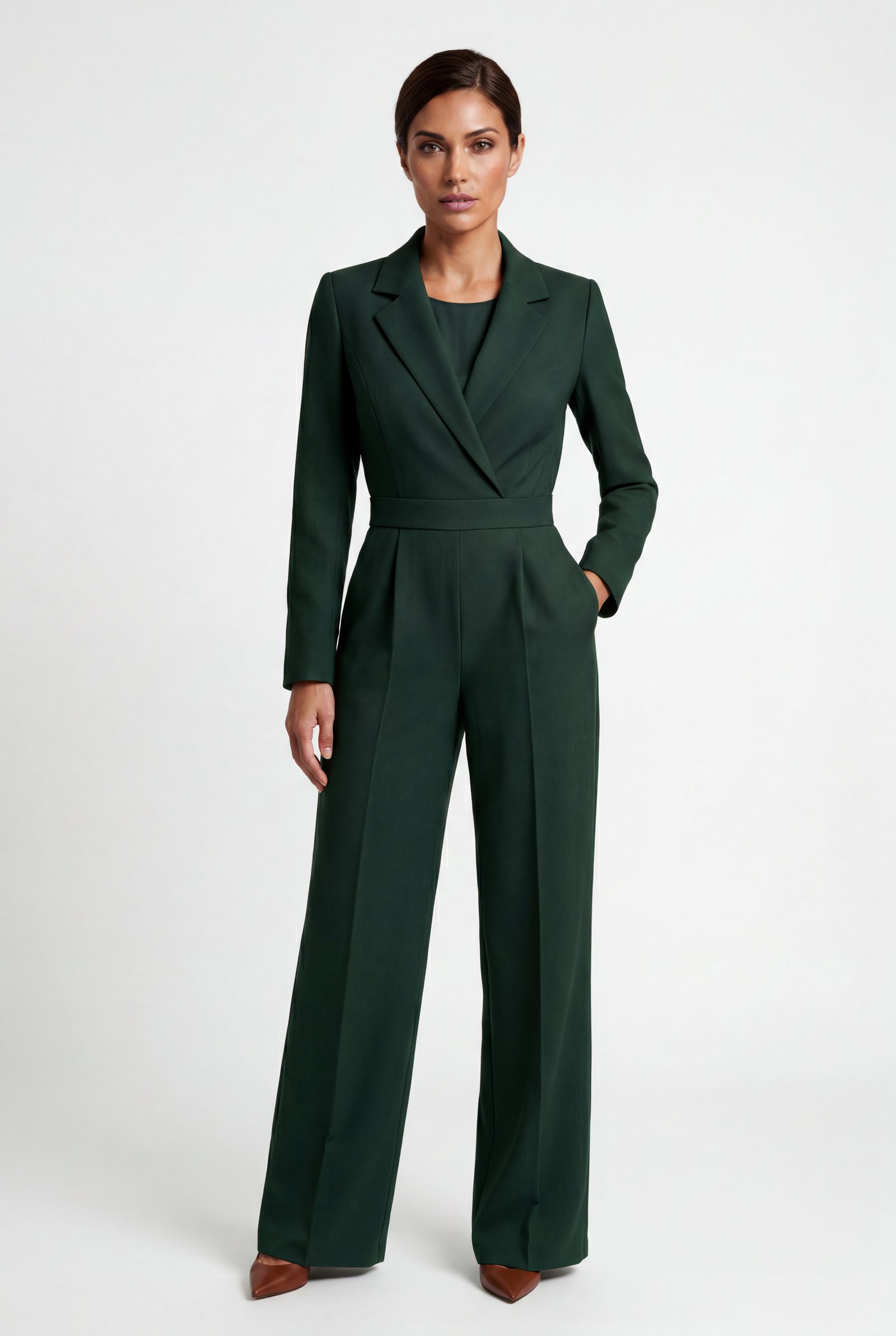 Dark Green Tailored Wide Leg Blazer Jumpsuit with Cinched Waist - Fitted blazer jumpsuit - Photo 13