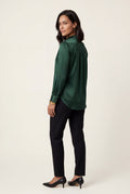 Dark Green V-neck Relaxed-fit Blouse with Curved Hem - Blouses - Photo 2