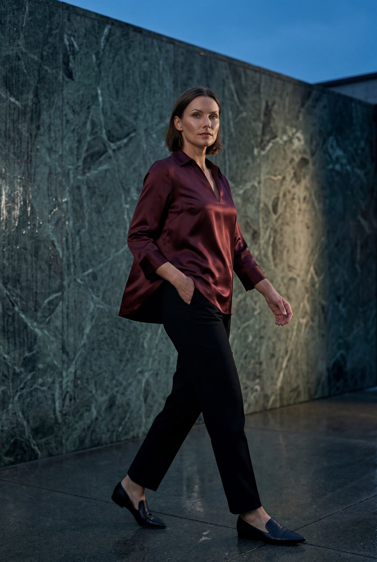 Red V-neck Relaxed-fit Blouse with Curved Hem - Blouses - Photo 6