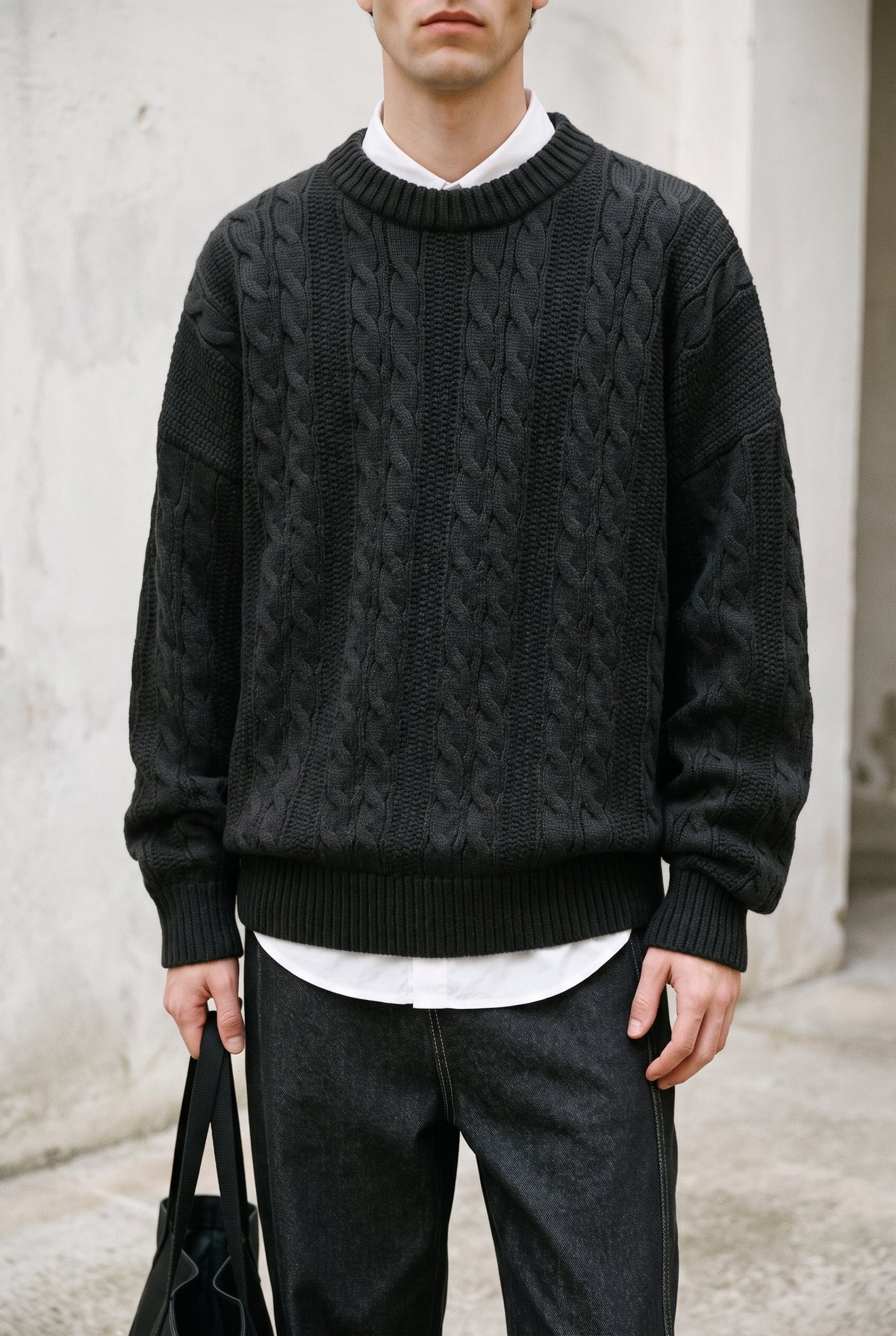 Cable-Knit Crewneck Sweater in Dark Grey — studio front
