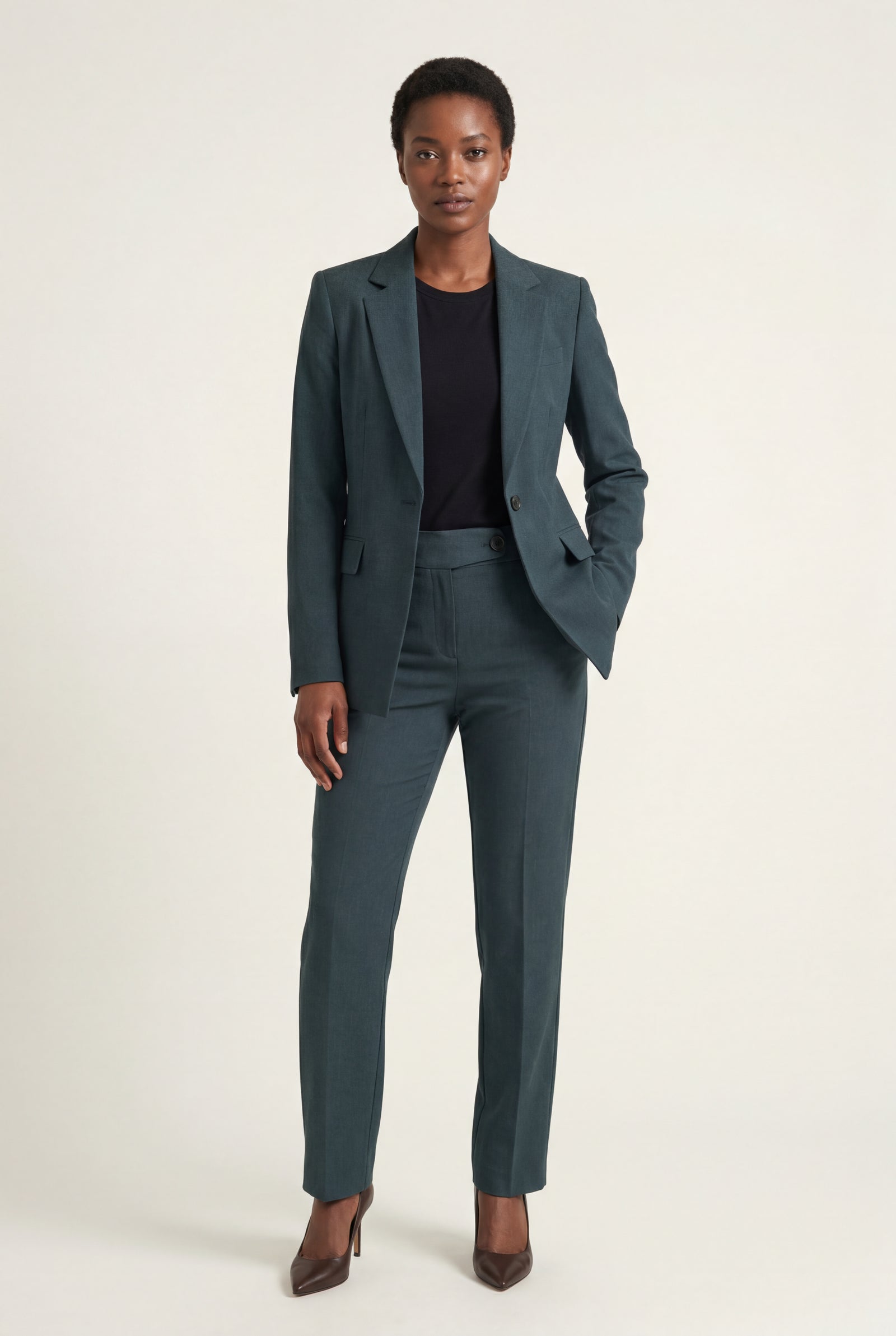 Dark Pine Green Single-button Tailored Blazer Suit Set with Slim Trousers - Photo 5