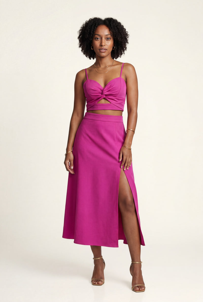Dark Pink Twist-front Cutout Midi Dress with Side Slit - Photo 3