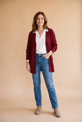 Women's Cardigan Longline Button-Front in Dark Red — studio full body