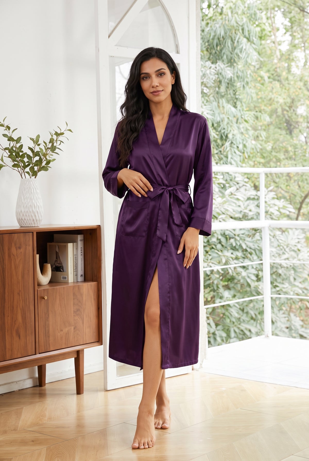Silk Wrap Robe in Deep Purple — studio front