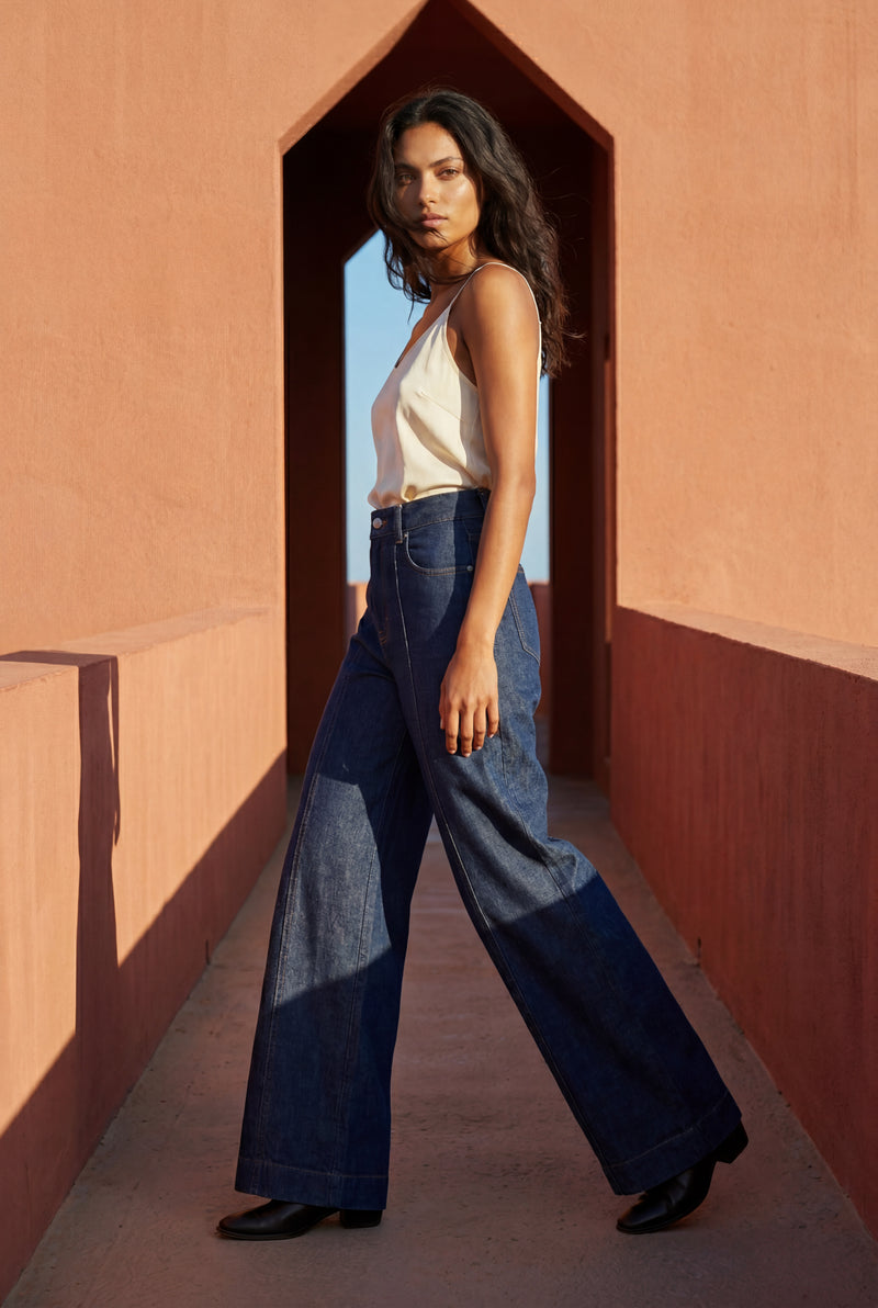 Denim Blue Contrast Stitching Indigo Blue High-waisted Wide-leg Jeans - Wide leg jeans - Photo 4