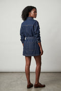 Denim Blue Dark Belted Shirt Dress Mini with Snap Buttons - Denim jacket - Photo 2