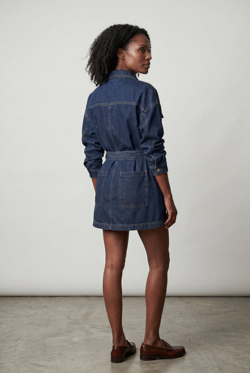 Denim Blue Dark Belted Shirt Dress Mini with Snap Buttons - Denim jacket - Photo 2