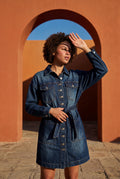 Denim Blue Dark Belted Shirt Dress Mini with Snap Buttons - Denim jacket - Photo 4