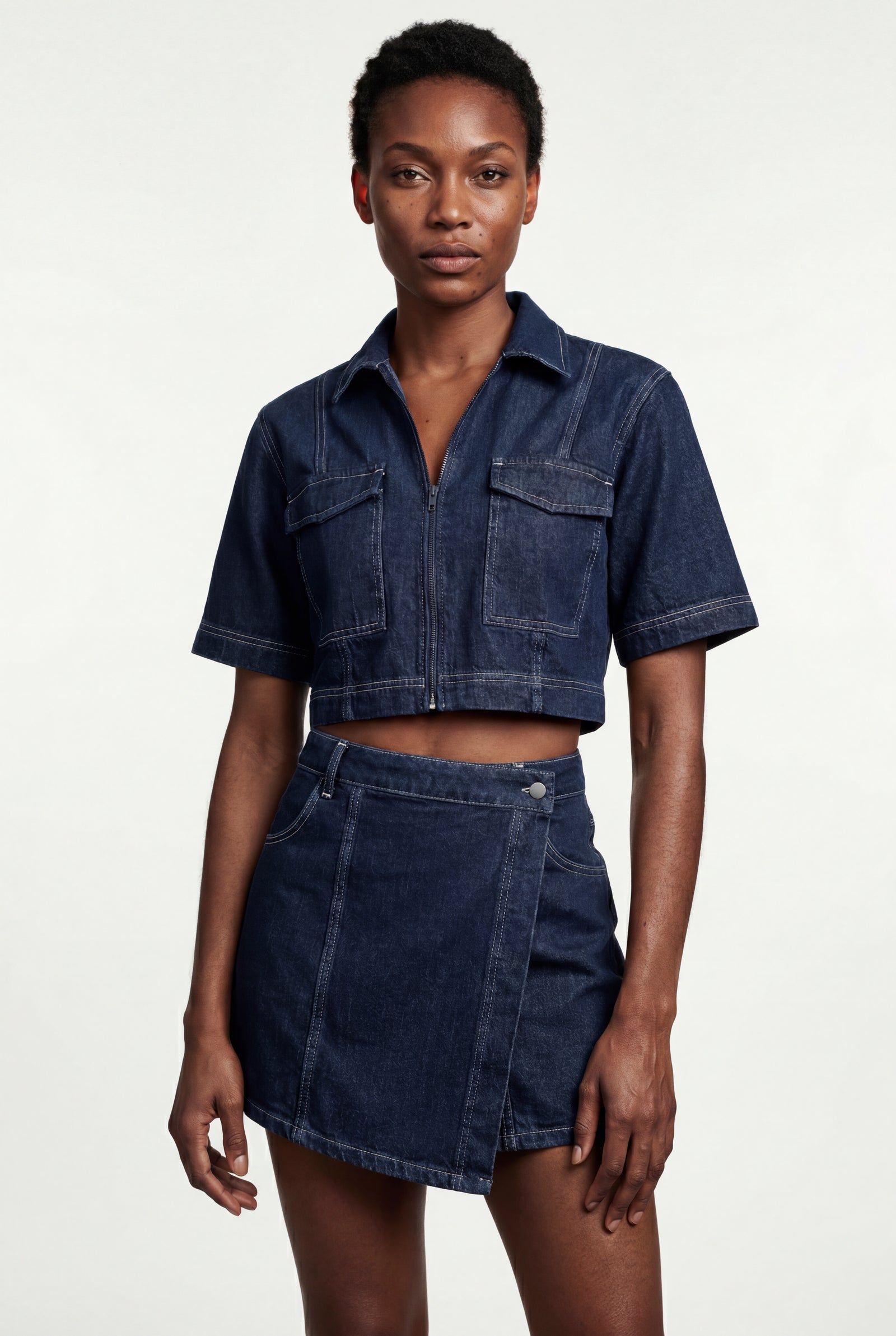 Denim Blue Indigo Blue Crop Top and Asymmetrical Mini Skirt Set - Crop top set - Photo 1