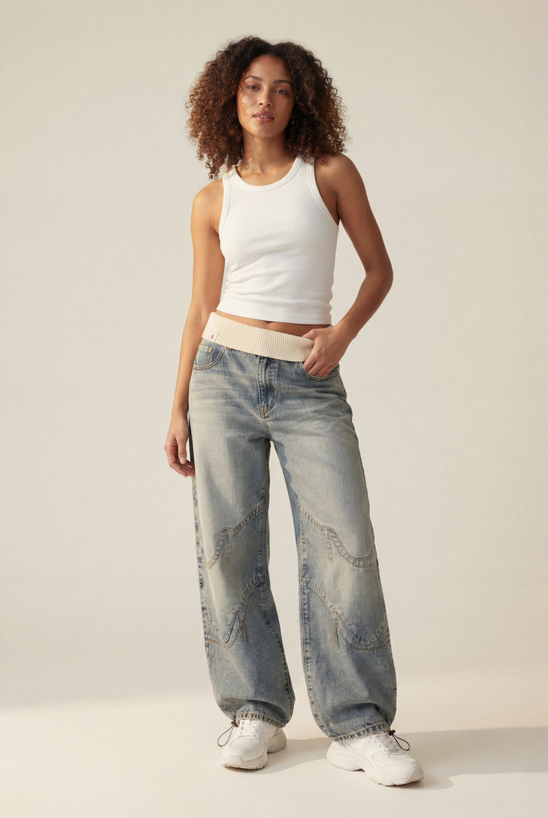 Denim Blue Light Blue Wide-leg Baggy Jeans with Elastic Waistband - Wide leg trousers - Photo 1