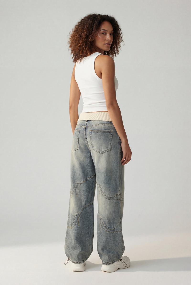 Denim Blue Light Blue Wide-leg Baggy Jeans with Elastic Waistband - Wide leg trousers - Photo 2
