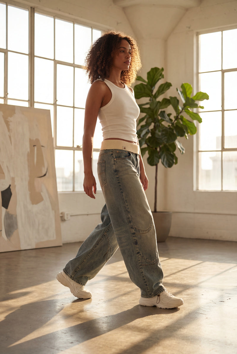 Denim Blue Light Blue Wide-leg Baggy Jeans with Elastic Waistband - Wide leg trousers - Photo 3