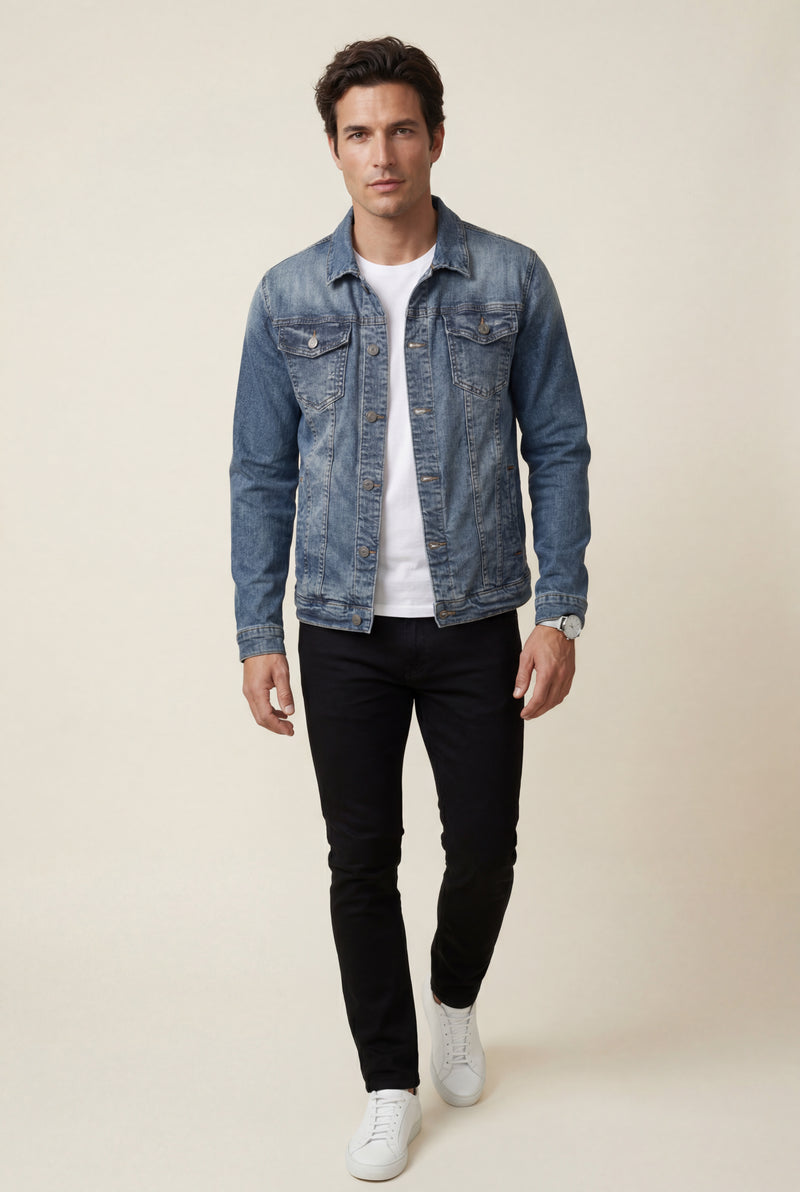 Denim Blue Medium Blue Classic Fit Trucker Jacket with Button Closure - Denim jackets - Photo 1