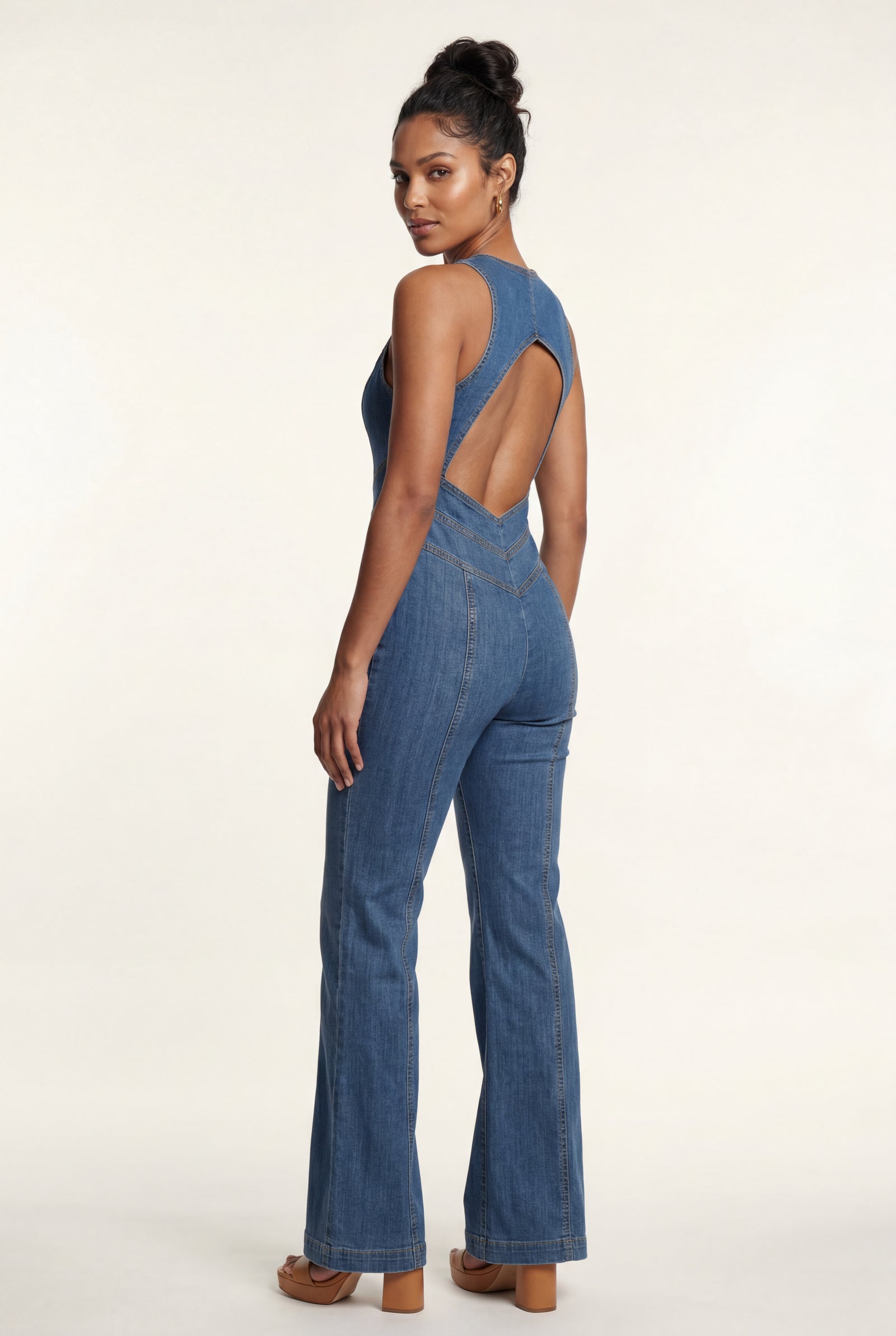 Denim Blue Medium Blue Sleeveless Cutout Back Jumpsuit - Denim jumpsuit - Photo 2