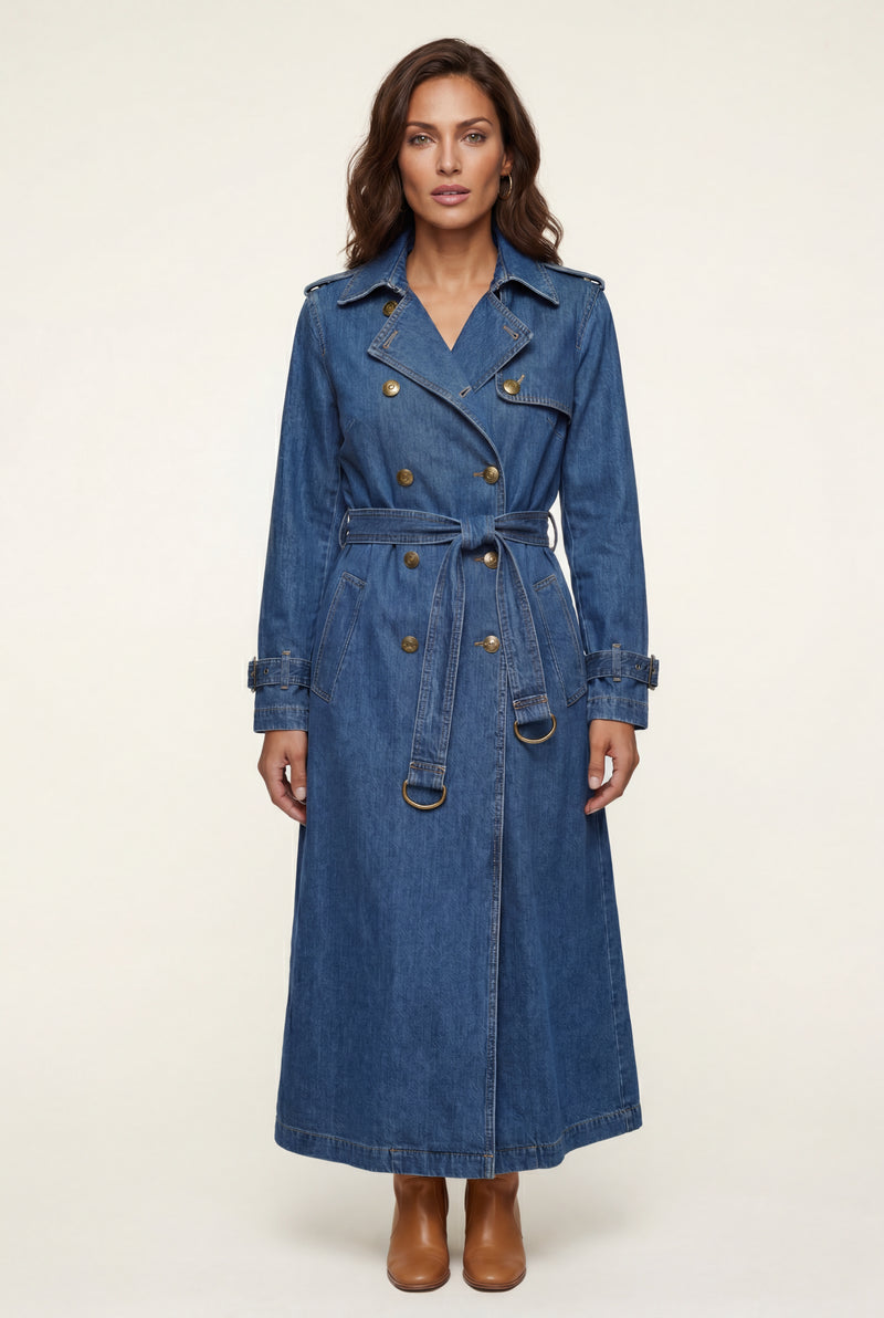 Denim Blue Women's Double-Breasted Belted Blue Trench Coat - Photo 1