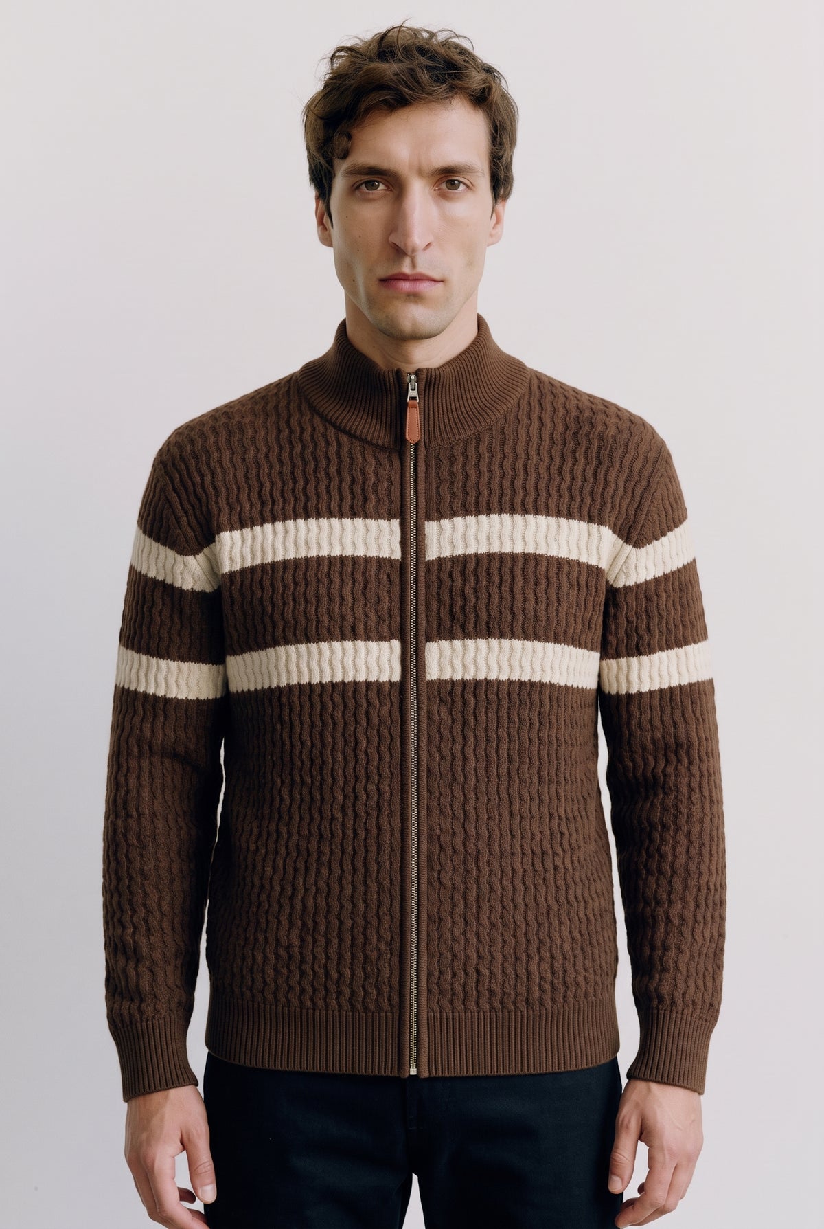 Cable Knit Zip-Front Cardigan in Espresso Brown — studio front