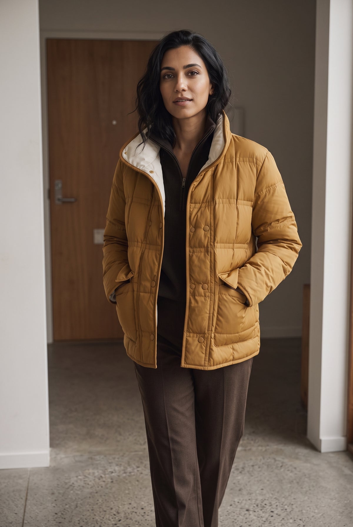 Reversible Quilted Down Jacket in Orange — lifestyle