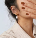 Gold Gold Dome Stud Drop Earrings with Freshwater Pearl - Photo 4