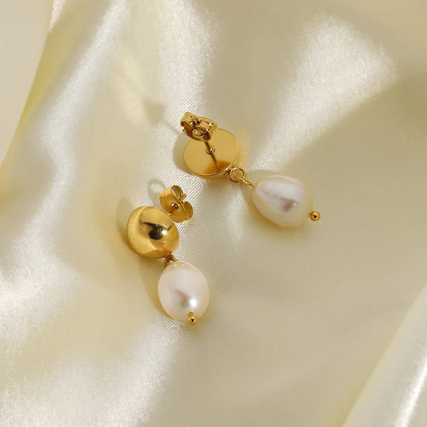 Gold Gold Dome Stud Drop Earrings with Freshwater Pearl - Photo 6