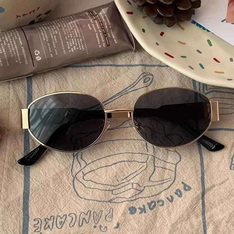 Gold Gold Oval Dark Lens Sunglasses with Black Tips - Photo 3