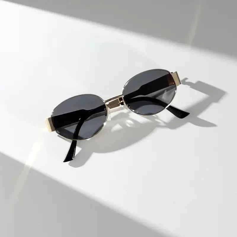 Gold Gold Oval Dark Lens Sunglasses with Black Tips - Photo 4