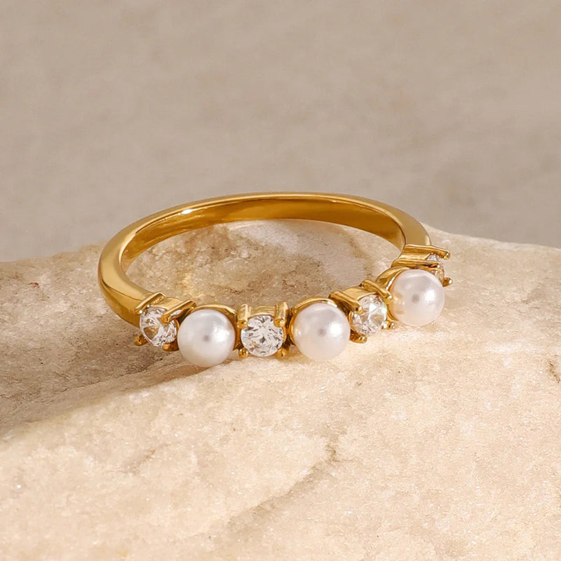 Gold Gold Pearl and Cubic Zirconia Slim Accent Ring - Rings - Photo 4