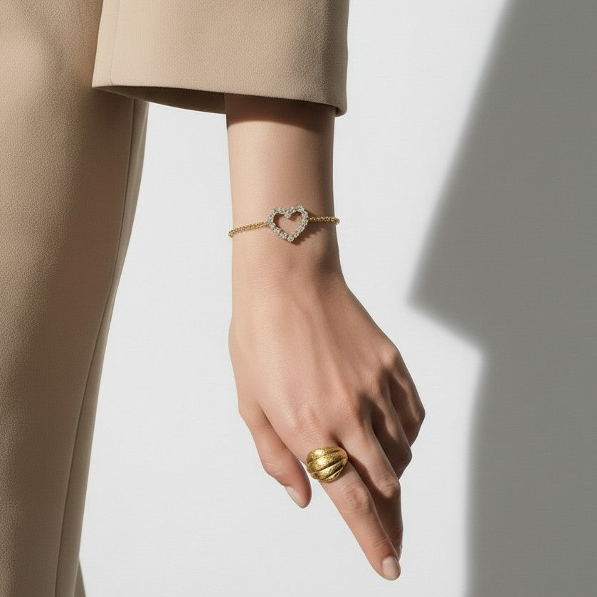 Gold Gold-tone Crystal Heart Chain Bracelet with Adjustable Extender - Photo 3