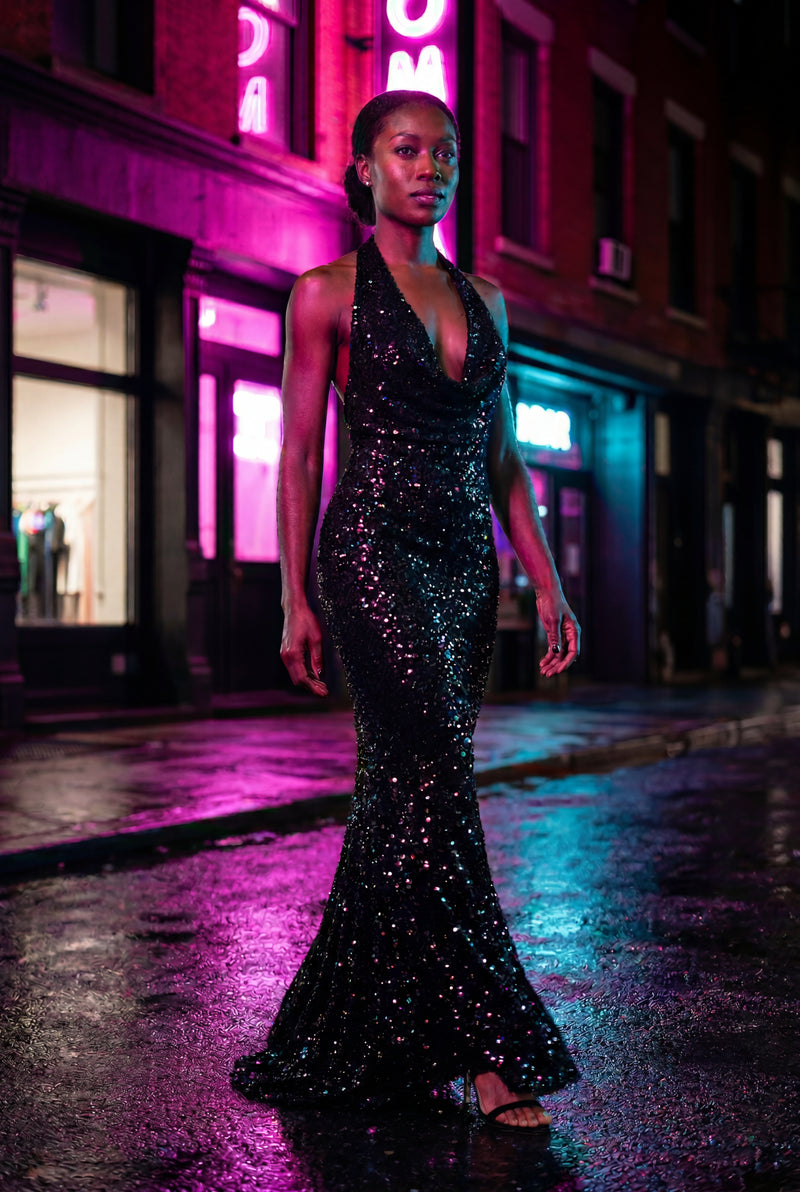 Black Halter Neck Cowl Maxi Dress with Open Back - Photo 4