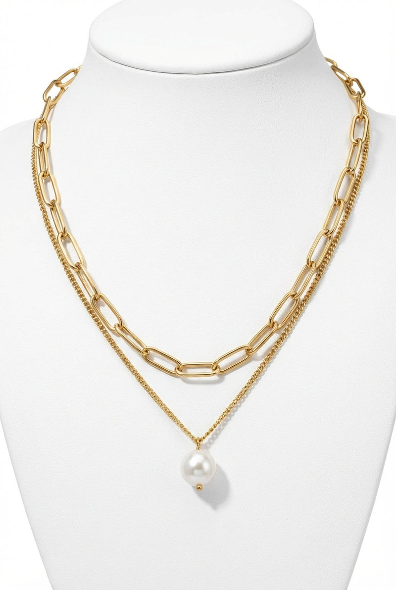 Gold Layered Gold Chain Necklace with Pearl Pendant - Photo 1