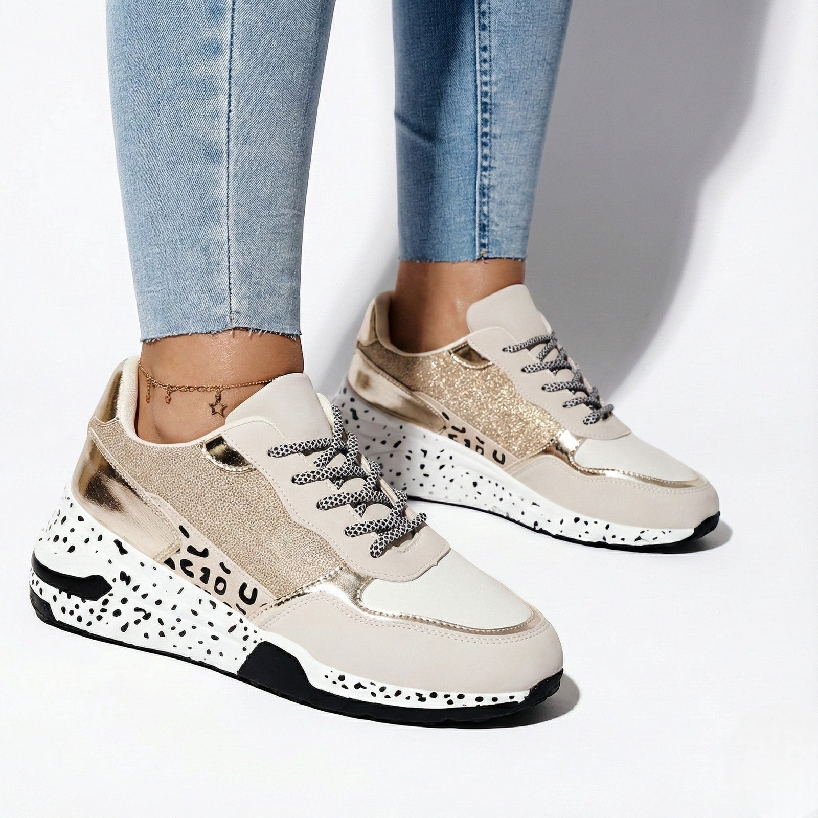 Gold Metallic Panel Chunky Animal Print Walking Sneakers - Photo 3
