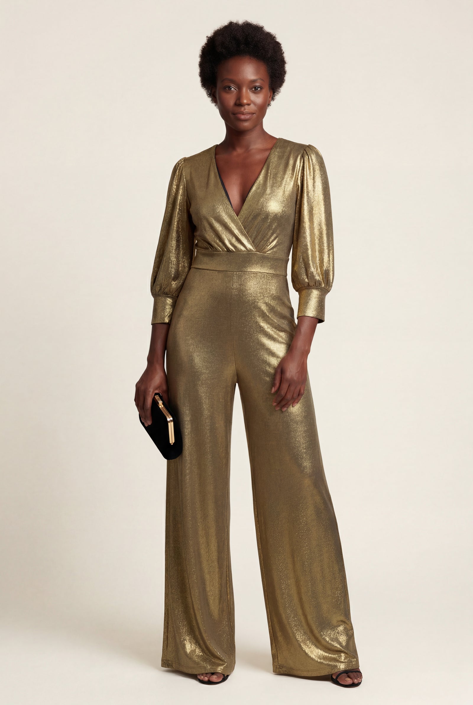 Gold Metallic Wide Leg Wrap Jumpsuit with Three-quarter Sleeves - Wide leg jumpsuit - Photo 2