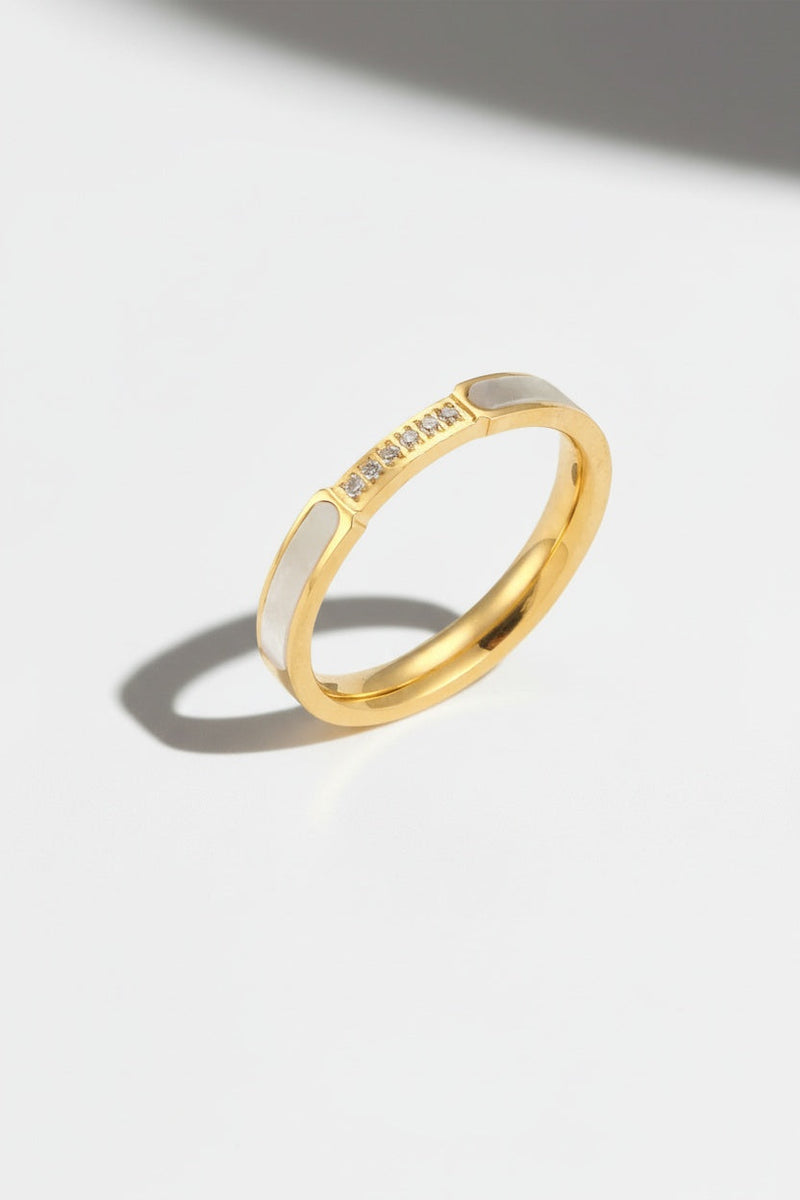 Gold Mother of Pearl Inlay Gold-tone Band Ring with Crystal Accents - Rings - Photo 1